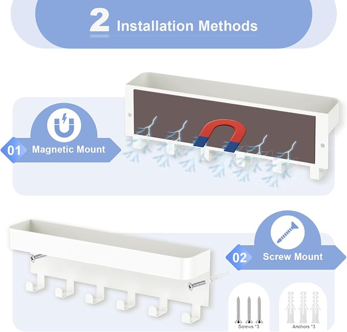 RELBRO Magnetic Key Holder for Fridge, Key Rack with Shelf, White | Metal, Built-in Magnet, Top Tray, 2 Installation Options, Matte Finish, Compact, Key Rack for Refrigerator Camper RV Entryway