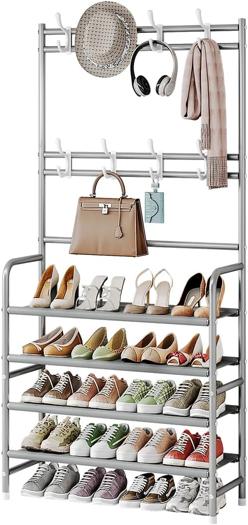 Coat Rack Shoe Rack With Storage Hooks Standing Organizer 4 Tier | Metal Freestanding Hall Tree for Clothes Hats bag Scarves Space Saving Design for Entryway Bedroom living Closet Office,Grey