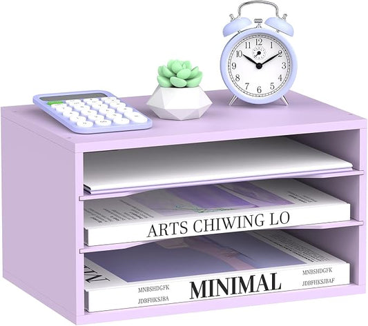 3 Tier Wood Desk Organizer, Paper Organizer for Desk, Purple | Wooden Desktop Organizer for Sorting Papers, Letters and Mails, Literature Organizer for Home Office, Classroom Organization