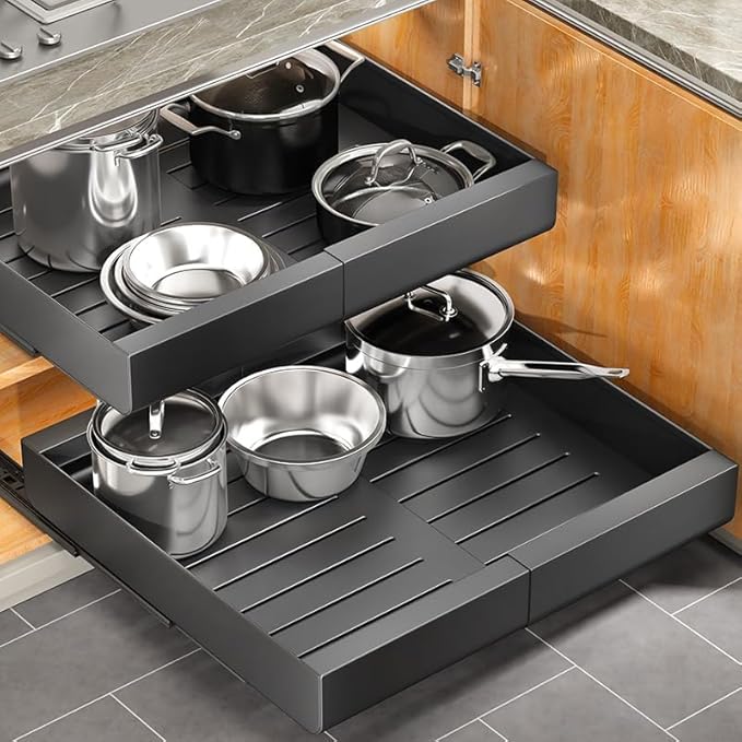Kitstorack Pull out Cabinet Organizer, Expandable(12"-20") Heavy Duty Slide out Drawer Fixed with Adhesive Nano Film for Pots, Roll out Shelf Storage for Kitchen Base Cabinet Organization