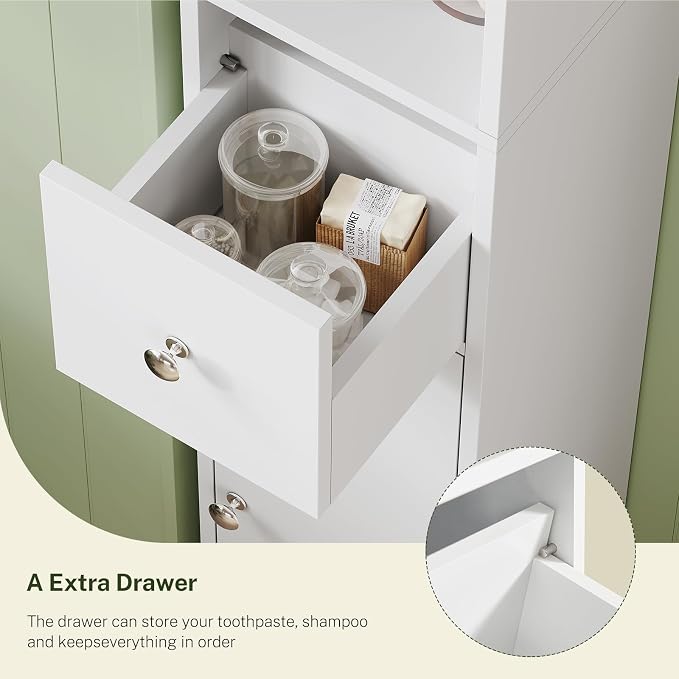 Bathroom Cabinet, Narrow Bathroom Storage Cabinet with 5 Adjustable Shelves & Drawer, Freestanding Cupboard for Small Spaces, White