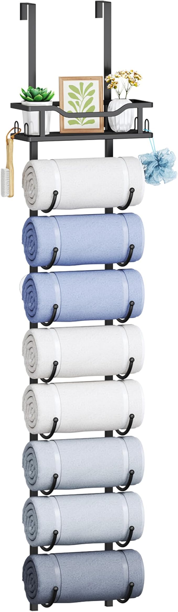 SWTYMIKI Over the Door Towel Rack - 9 Tier Towel Racks for Bathroom Wall Mounted, Towel Holder with Shelf, Hanging Rolled Towel Storage Organizer for Small Bathroom, Camper, RV, Black