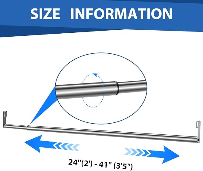 Expandable Closet Rod for Wire Shelf Hanging Clothes Adjustable Heavy Duty Closet Hanging Rod Extender Heavy Duty Hanger Bar Metal Poles for Wardrobes Hanger, 1 Pack (24-41 Inch,Silver)
