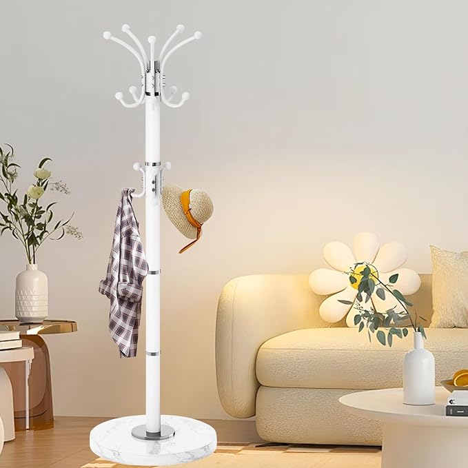 Metal Heavy Duty Coat Rack Stand, Modern 360° Roraty Freestanding Coat Rack with Natural Marble Base, White Coat Racks Hall Tree Hanger Stand with 16 Hooks for Entryway, Office