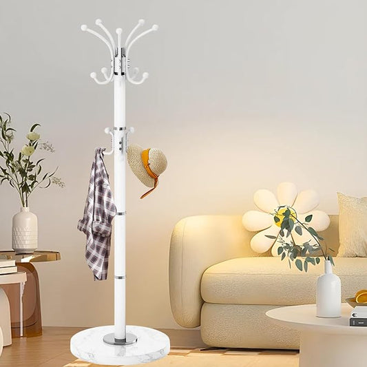 Metal Heavy Duty Coat Rack Stand, Modern 360° Roraty Freestanding Coat Rack with Natural Marble Base, White Coat Racks Hall Tree Hanger Stand with 16 Hooks for Entryway, Office