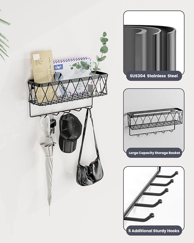 Key Holder Wall Mount Adhesive- Key and Mail Holder for Wall with 5 Hooks, Wall Mounted Mail Organizer and Key Rack, Modern Basket Key Hanger for Entryway, Home, Living Room Wall Decor, Black