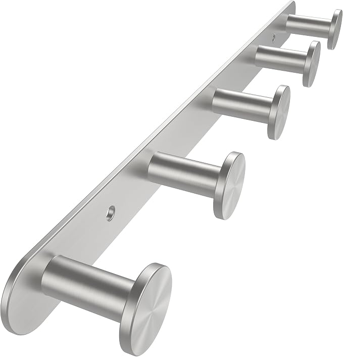 FORIOUS Hat Coat Rack Wall Mount, 5 Wall Hooks for Hanging Brushed Nickel | 304 Stainless Steel Hook Rack for Bags Keys Hats, Coat Racks for Bathroom Bedroom Entryway Kitchen Hotel, Space Saving