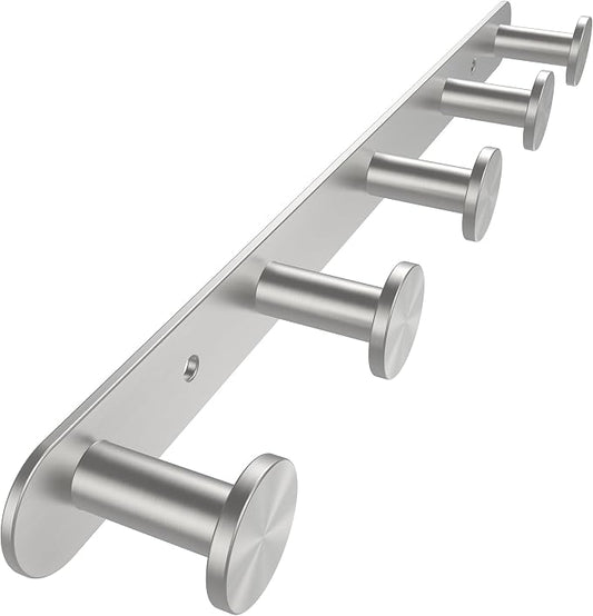 FORIOUS Hat Coat Rack Wall Mount, 5 Wall Hooks for Hanging Brushed Nickel | 304 Stainless Steel Hook Rack for Bags Keys Hats, Coat Racks for Bathroom Bedroom Entryway Kitchen Hotel, Space Saving