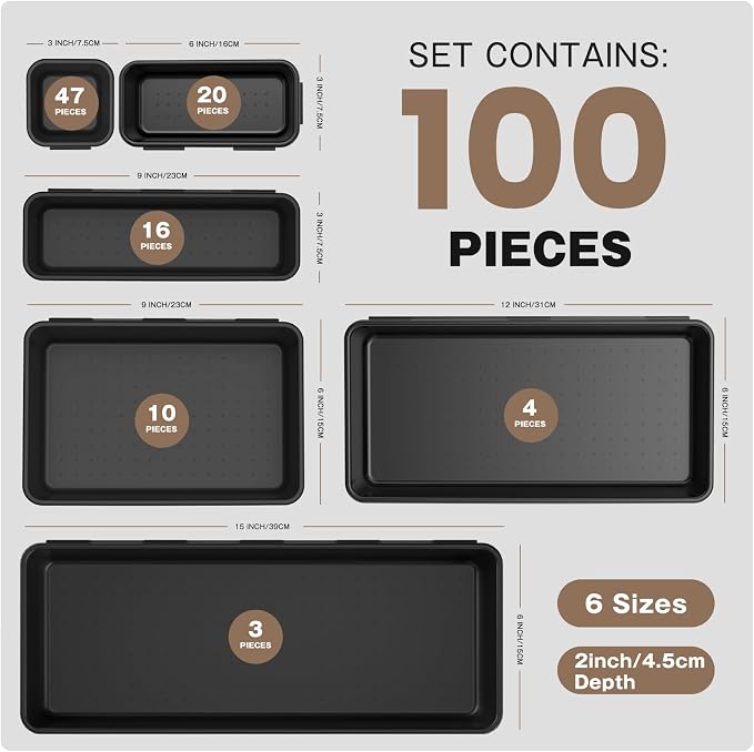 A-LuGei 【𝟲 𝗦𝗜𝗭𝗘】 Tool Box Organizer Tray Set Drawer Organizer Divider | 【Fits 100+ Tools】 Extra-Thick Plastic for Tool Chest Cart Desk Drawer Organizer Garage Organization Workbench Office Storage