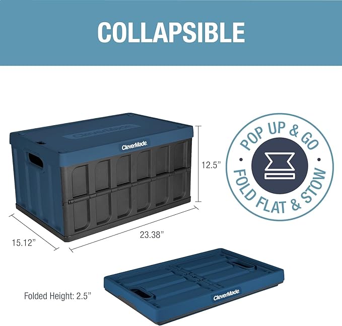 CleverMade Collapsible Storage Bins with Lids, 62L, 3 Pack, Ocean | Large-capacity bins support 100 lb and stack securely. The lid stores underneath, and each crate folds to 2.5 inches.