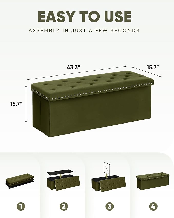 B FSOBEIIALEO Storage Ottoman Bench, Folding Tufted Ottomans with Storage, Extra Large 140L Storage Boxes Footrest Bench for Bedroom, Luxury Velvet Fabric 43 Inches Olive