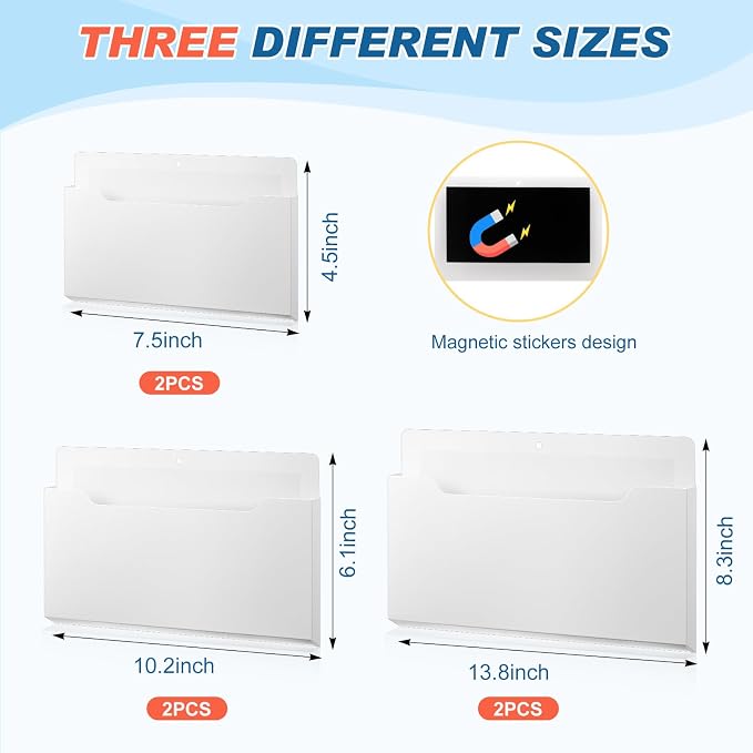 6 Pcs Magnetic Wall File Organizer Magnetic Wall File Holder Refrigerator Magazine Holder for Mail Letters Paper(White,Horizontal-3 Mixed Size)