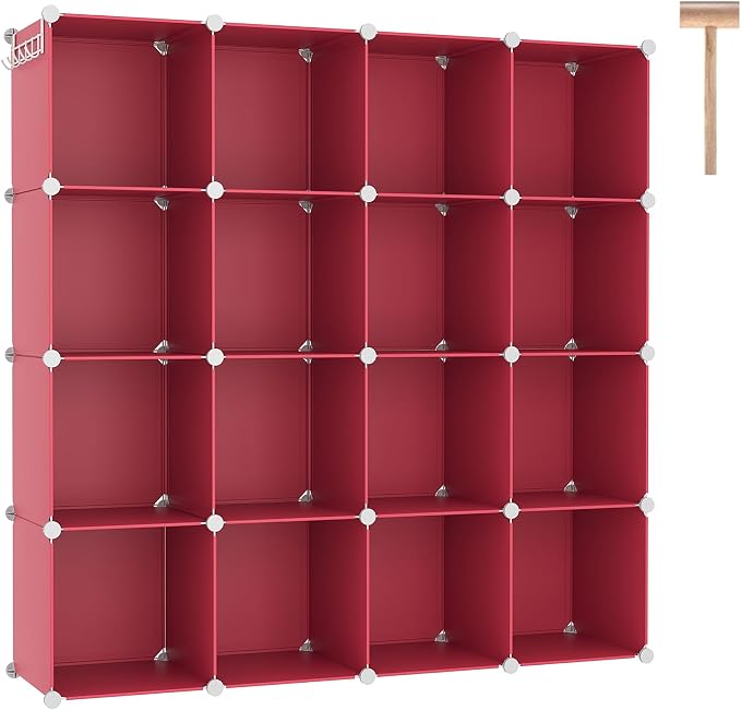 C&AHOME 16 Cube Storage Organizer Cube Shelves Units Storage Cubes, Red | Plastic DIY Closet Organizer, Stackble Modular Closet Storage Shelves Ideal for Home, Bedroom, 48.4" L × 12.4" W × 48.4" H