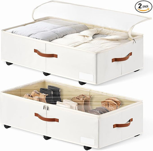 60L Large Under Bed Storage with Wheels Pack of 2, Underbed Shoe Container Bin with Clear Lid Cover, 10.5 Inches Rolling Under Bed Drawer Storage Bag Basket for Boots Quilt Sweater - White