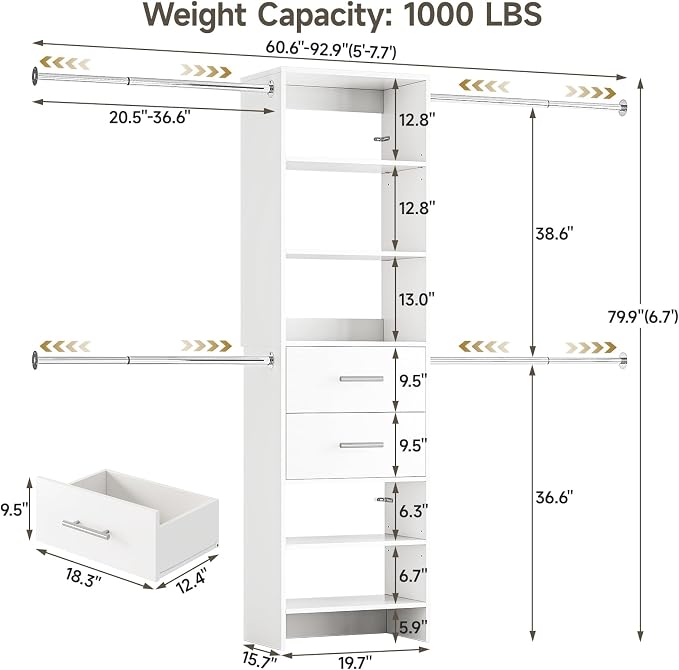 W2 Closet System with 2 Drawers, 3.5FT-7.7FT Closet Organizer System with 4 Chrome-Plated Telescopic Rods & 5 Adjustable Shelves, Custom Wood Walk-In Closet Clothing Rack, White