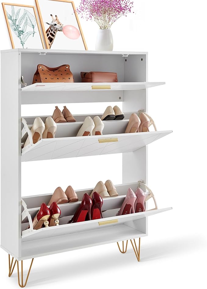 VEVOR Shoe Cabinet with 2 Flip Drawers, Modern Shoes Storage Cabinet with Storage Drawer and Anti-Tipping Device, Freestanding Shoe Organizer Ideas for Entryway, Hallway, Bedroom, Living Room, White