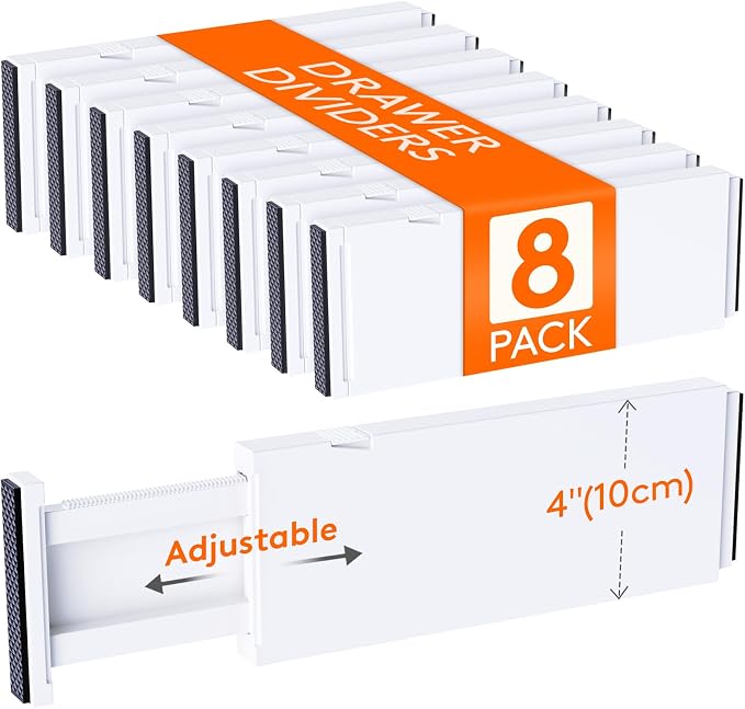Lifewit 8 Pack Upgrade Drawer Dividers for Clothes, 4" High 11"-17" Adjustable Dresser Drawer Organizers, Expandable White Plastic Drawer Separators for Kitchen, Nursery, Office Organization & Storage