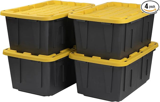 CX Heavy Duty 27-Gallon Stackable Plastic Storage Bins with Lids, 4 Pack | Storage totes for garage organization, Stackable containers, weather-resistant, snap lid, 14.3H x 20.6W x 30.6D, Black/Yellow