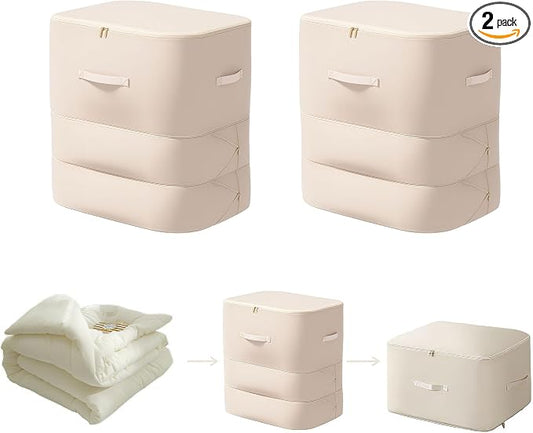 2PCS Compression Storage Bags, 3-Layer Zipper Large Capacity Bedding Storage Bag, Ultra Space Saving Self Compression Organizer for Comforters, Clothes, Pillows and Bedding (Beige, X-Large)