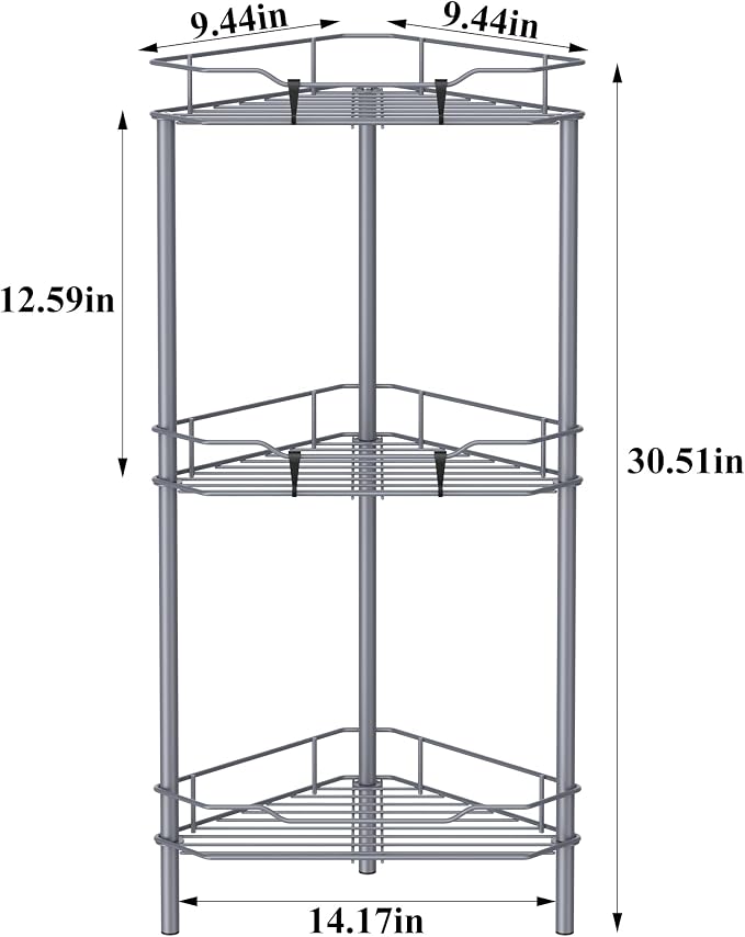 HuggieGems 3 Tier Floor Standing Corner Shower Caddy Organizer Shelf with Hooks, Bathroom Shelves Stand Rack, Dark Gray