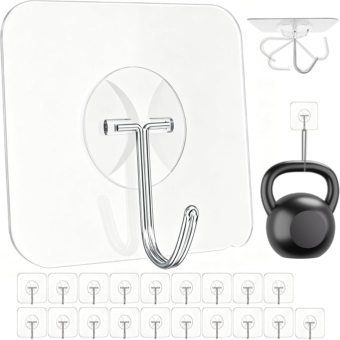 Latoxcaa Heavy Duty Adhesive Wall Hooks - Strong & Transparent, Hold up to 22lb, Waterproof & Reusable, Ideal for Kitchen, Bathroom, and Office (20 Pack)