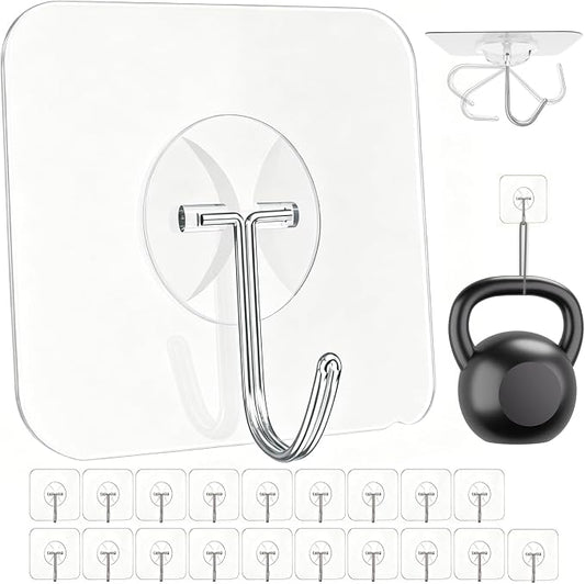 Latoxcaa Heavy Duty Adhesive Wall Hooks - Strong & Transparent, Hold up to 22lb, Waterproof & Reusable, Ideal for Kitchen, Bathroom, and Office (20 Pack)