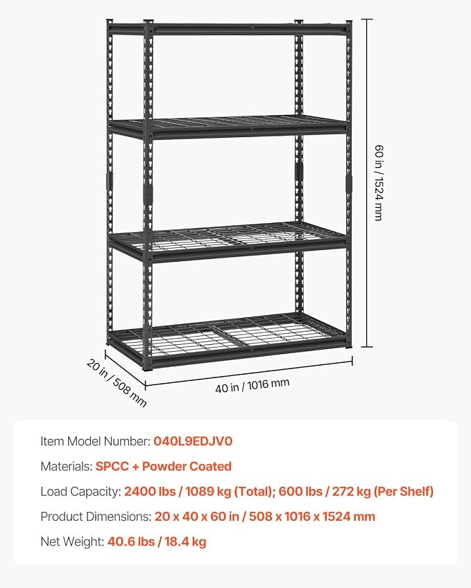 VEVOR Storage Shelves, 2400 lbs, 4 Tier Heavy Duty Garage Shelving, 20" D x 40" W x 60" H Adjustable Metal Shelves for Industrial Shelving Unit Utility Shelf, for Kitchen, Warehouse, Basement, Black
