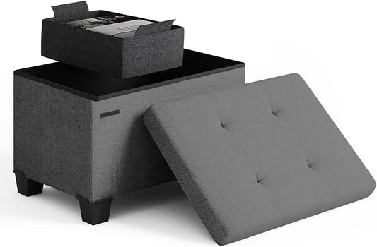 Storage Ottoman Cube with Small Bin, 16-in Square Ottoman with Storage for Living Room and Bedroom, Small Ottomans Foot Rest, Fabric Foot Stools Ottomans Max 330lbs, Grey