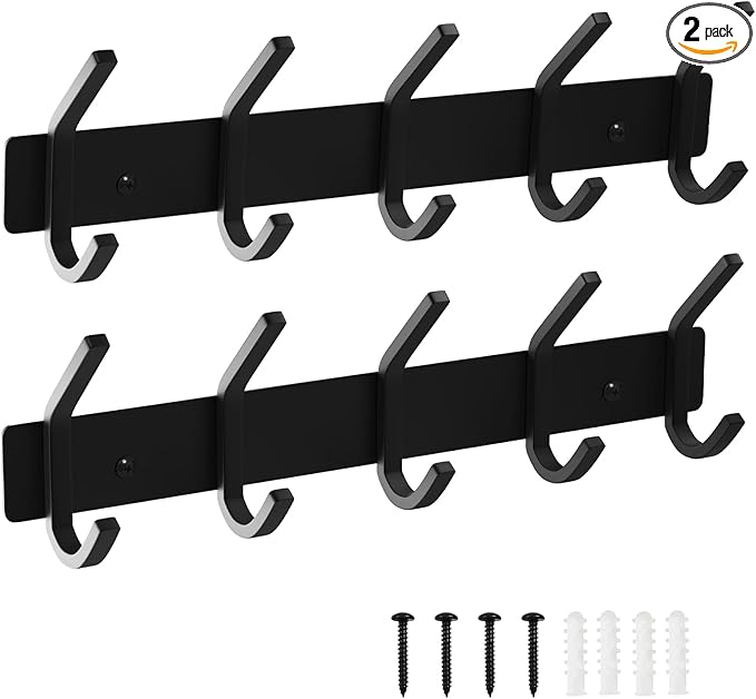 VAEHOLD Wall Hooks, Heavy Duty Aluminum Towel Hooks for Hanging Coat, Hat, Key, Clothes, Closet Hook Wall Mount for Kitchen, Bathroom, Office (“C“ Shape Coat 5 Hooks 2 Pack)