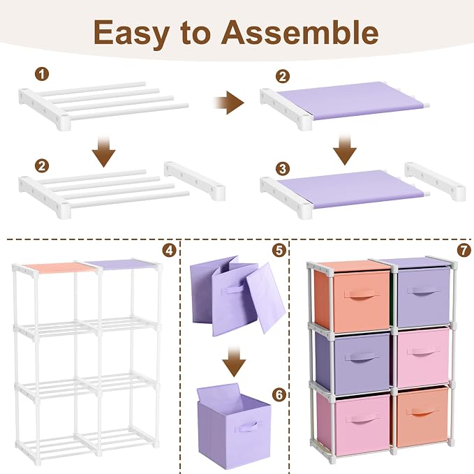Briwooody 6 Cube Storage Organizer Storage Bins Shelf,Pink,Purple,Orange