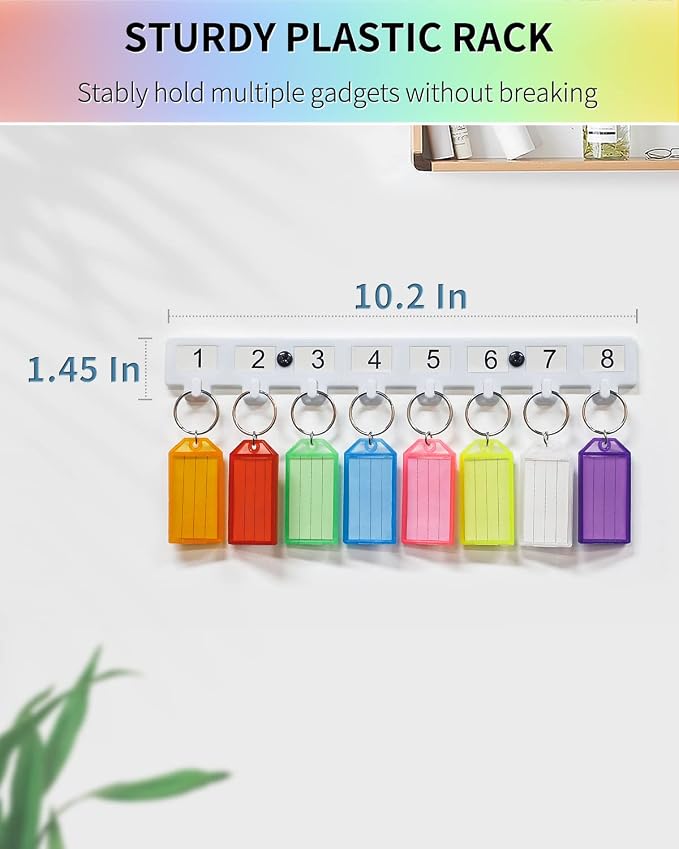 Uniclife Key Tag Rack, Hook Style Wall Mount Key Holder | Plastic Hook-Style Wall Rack Keeps Labeled Keys Organized with Transparent Tough Key Tag Identifiers in 8 Assorted Colors.