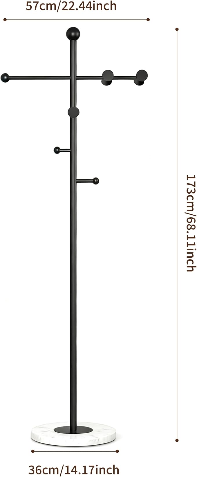 68.9 Inch Tall Modern Coat Rack,Black Coat Tree Freestanding,Heavy-Duty Metal Coat Rack Freestanding with Sturdy Marble Base for Entryway,Hallway,Bedroom,Holds Coats Hats Bags Scarves