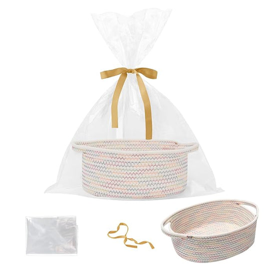 Small Woven Rope Basket,Baby Gift Basket with Bag & Ribbon | Cotton rope with handle, 12x8x5 in, gift bag and ribbon, for baby shower, birthday, toy storage, nursery, shelf decor