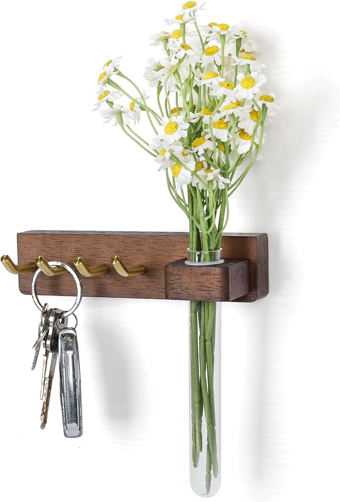 Key Holder Wall Mount, Solid Wood Key Holder for Wall with Planter Tube & 4 Brass Hooks, Decorative Renter-Friendly Wall Key Rack Hanger for Entryway Kitchen Living Room Car Keys