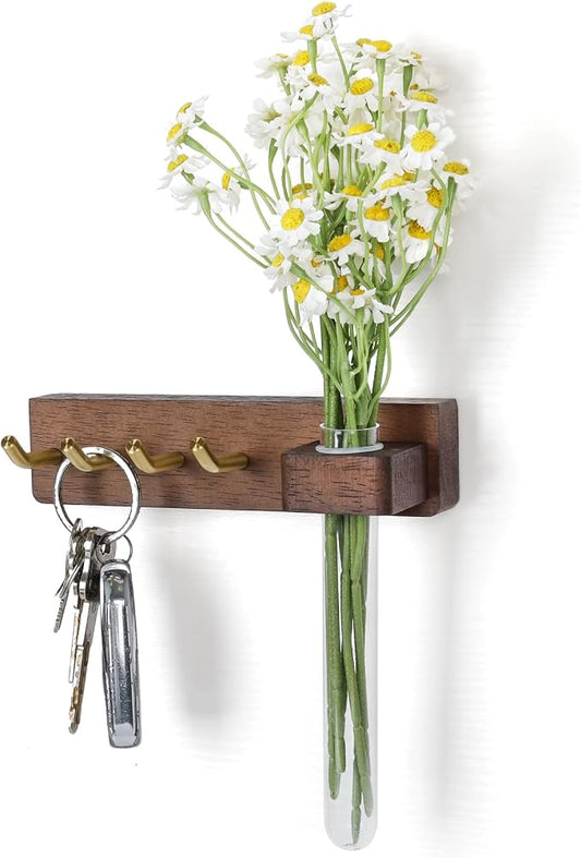 Key Holder Wall Mount, Solid Wood Key Holder for Wall with Planter Tube & 4 Brass Hooks, Decorative Renter-Friendly Wall Key Rack Hanger for Entryway Kitchen Living Room Car Keys