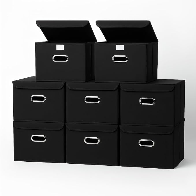 STOREONE Fabric Storage Cube Bins Foldable Organizer Container Collapsible Basket with Lids and Metal Handles, for Home, Bedroom, Closet 8 Pcs (Black)