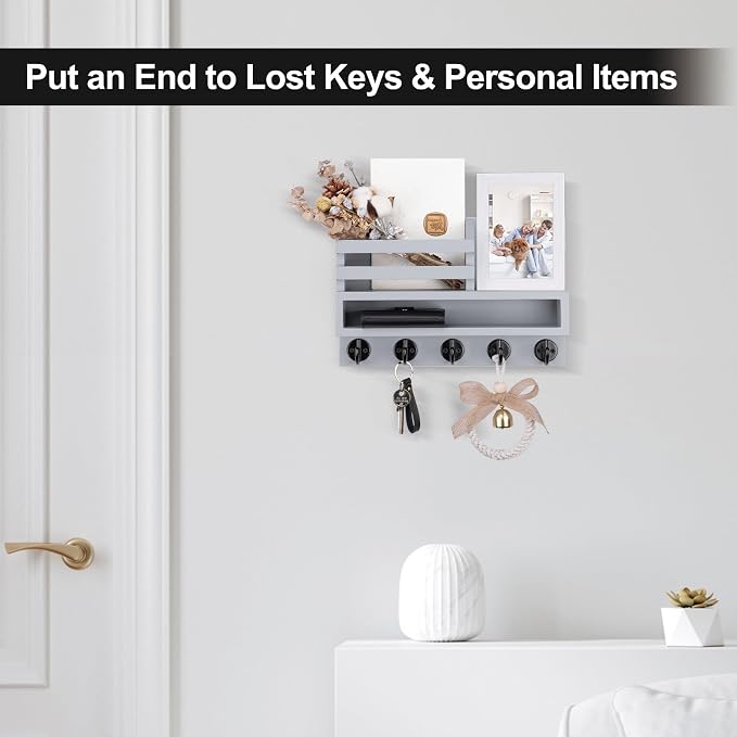 Key and Mail Holder Wall Mount, Key Hanger with Long Storage Box and Key Hooks for Coat, Dog Leash, Home Decor Rack, House Accessories, Entry Way Organizer