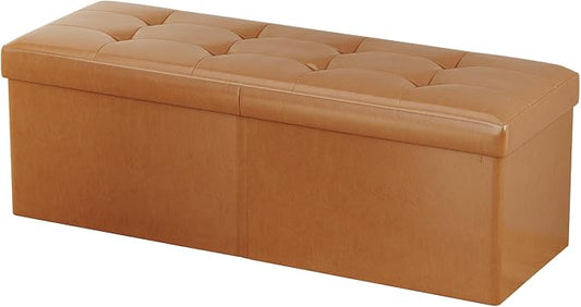 JIUYOTREE 31.5 Inch Foldable Storage Ottoman Bench for Bedroom, Retro Brown | Foldable Footstool, Multi-Functional Foot Rest, End of Bed Bench, Large Hidden Storage Space, Storage Chest For Living Room