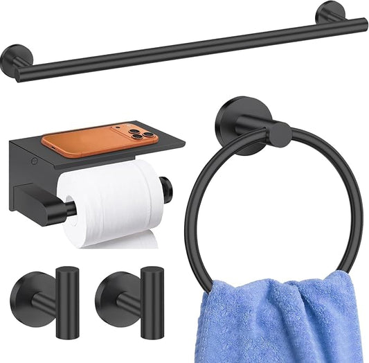5 Pieces Matte Black Bathroom Hardware Accessories Set,24 Inch SUS304 Stainless Steel Bath Towel Holder Set, Round Bathroom Towel Bar Set, Towel Racks for Bathroom Wall Mounted