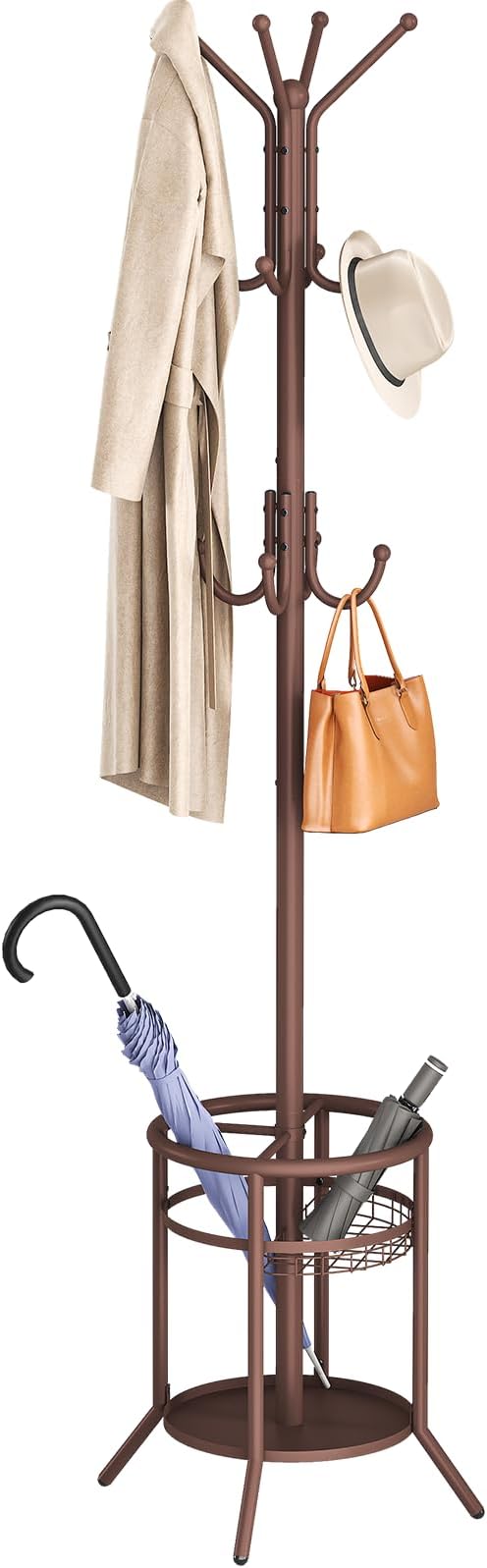 ELYKEN Coat Rack Freestanding, Metal Coat Rack with Umbrella Holder | 12 Hooks, Round Base, Heavy Duty Floor Standing Coat Tree for Entryway, Hallway, Living Room, Bedroom, Office, Brown