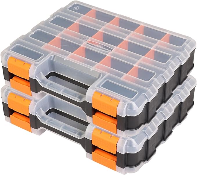 Jack Boss Tool Box with Transparent Lid, Double Side 34-Compartments Organizer Box with Removable Dividers for Hardware, Screws, Bolts, Nails, Beads, Jewelry and Fishing Accessories, Orange, 2 Pack