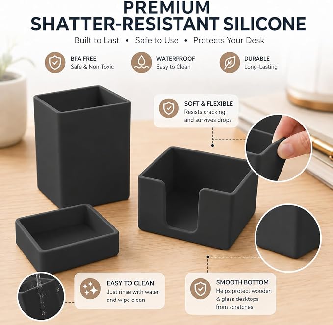 minimaliving Aesthetic Silicone Desk Organizer Set of 3,Modern Office Desk Accessories with Pen Holder,Paperclip Tray,Sticky Note Holder,Stylish Functional Office Desk Decor for Back-to-school(Black)