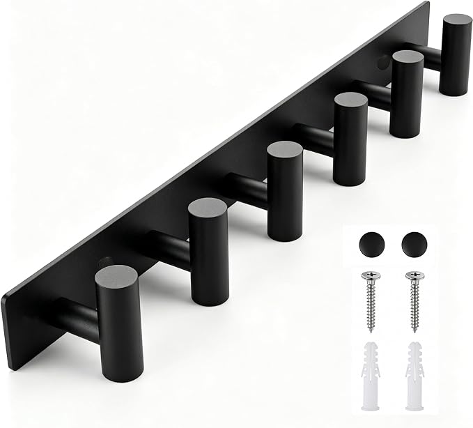 Matte Black Coat Rack Wall Mount - 6 Hooks, Heavy Duty Stainless Steel Wall Hooks for Towels, Coats, Robes, Bags, Hats, Keys, Wall Coat Hanger for Bathroom, Entryway, Kitchen, Hotel, Bedroom, Office
