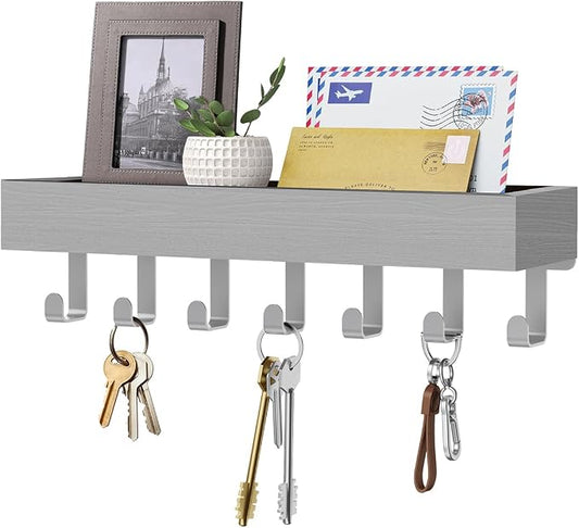 Key Holder Wall Mount Magnetic Adhesive - Key Hooks Rack with shelf | Key Hanger with Mail Organizer for RV Camper Fridge Living Room Decor, Home Essentials, Large Grey