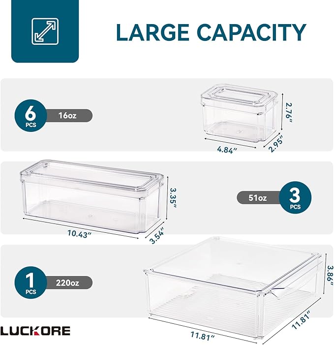 10 Pack Fridge Organizers and Storage, Clear Fridge Organizer Stackable | Fridge Organizer Bins with Lids, Refrigerator Storage Containers for Kitchen, Food, Cabinets, Fruits, Vegetables