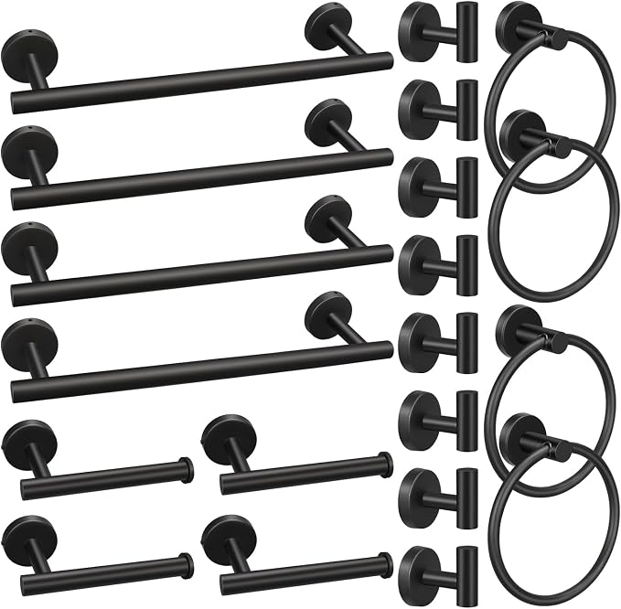 20pcs Bathroom Hardware Set, Matte Black Bathroom Hardware Set, Including 16" Hand Towel Bars, Toilet Paper Holders, Towel Rings, Robe Towel Hooks | Including 16" Hand Towel Bars, Toilet Paper Holders, Towel Rings, Robe Towel Hooks