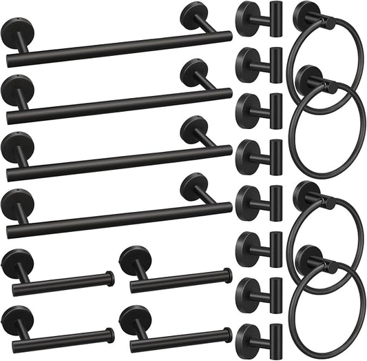 20pcs Bathroom Hardware Set, Matte Black Bathroom Hardware Set, Including 16" Hand Towel Bars, Toilet Paper Holders, Towel Rings, Robe Towel Hooks | Including 16" Hand Towel Bars, Toilet Paper Holders, Towel Rings, Robe Towel Hooks