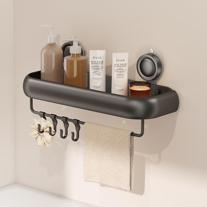 CICUFY Shower Caddy Suction Cup, 1 Pack No Drilling Corner Shower Shelves, Rust Proof Bathroom Storage Organizer, Shower Corner Caddy with Removable Hooks and Towel Bar, Square, Grey