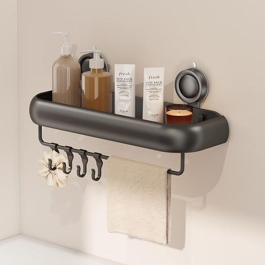 CICUFY Shower Caddy Suction Cup, 1 Pack No Drilling Corner Shower Shelves, Rust Proof Bathroom Storage Organizer, Shower Corner Caddy with Removable Hooks and Towel Bar, Square, Grey