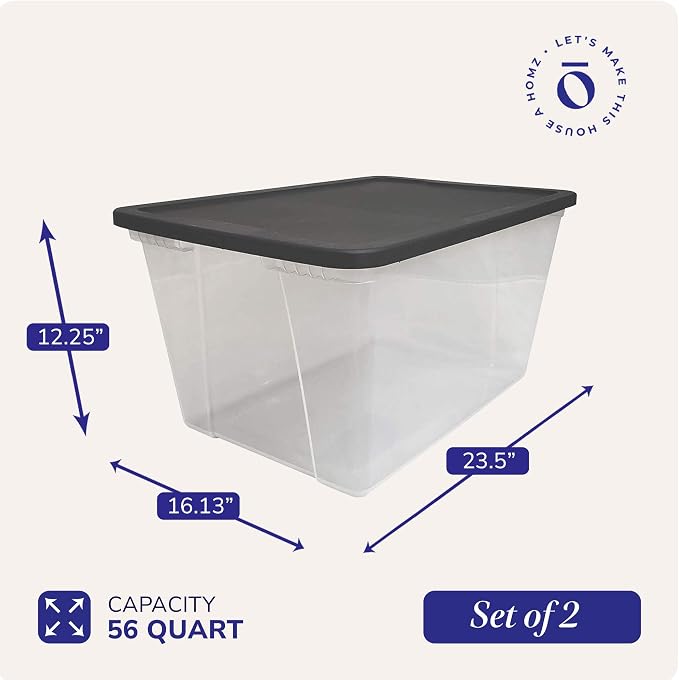 HOMZ Snaplock Clear Plastic Bin 56 Quart/14 Gallon | Storage Tote with Secure Lid | for Home, Office, Garage, Dorm Room Organizer | Stackable & Nestable | Black Lid, Pack of 2
